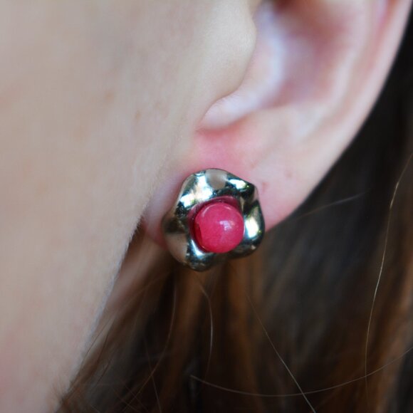 Handmade Pink and Silver Stud Earrings - Picture 5 of 7